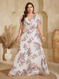 UNITHORSE Plus Size Multi-Layer Collar Short Sleeve Print Chiffon Maid of Honor Dress Elegant Wedding Guest Dress