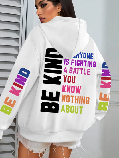 Be Kind Hoodies Women Letter Prints Winter Fleece Warm Hooded Street Pocket Loose Sweatshirts Casual All-match Woman Clothes