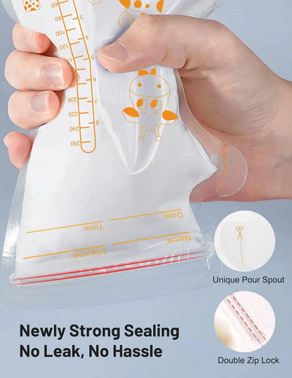 100 or 50 Pack  Disposable Breastmilk Storage Bags  250ml Capacity  Hospital-Grade, Self-Standing, Easy Pour Spout