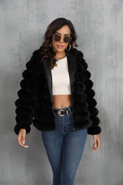 2026 Faux Fur Women Coats Hooded Full Sleeve Short Coat Zipper Thick Warm Solid Temperament Elegant Splice Autumn Winter