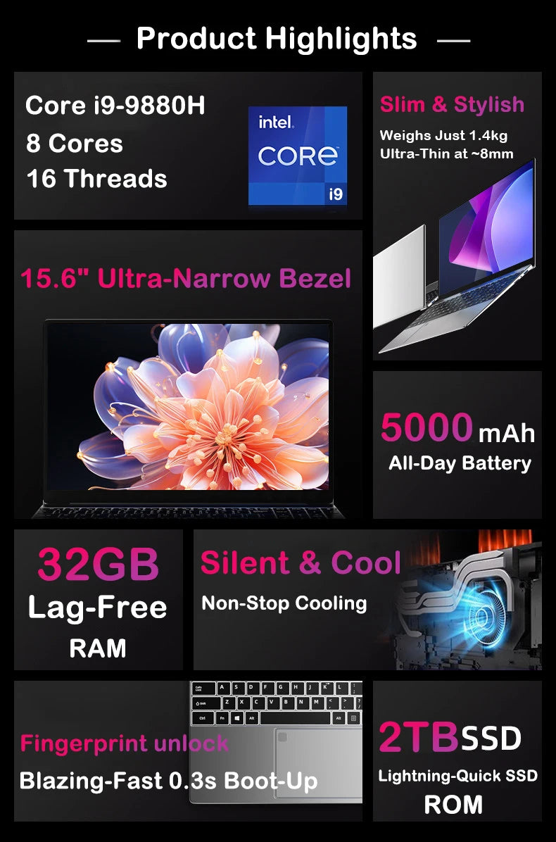 New 15.6" Laptop Intel Core I9-9880H 32GB RAM 2TB SSD Ultra Slim Gaming Laptop 1920*1080 Windows 11 Office Study Home Use