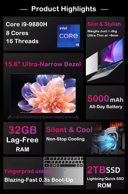New 15.6" Laptop Intel Core I9-9880H 32GB RAM 2TB SSD Ultra Slim Gaming Laptop 1920*1080 Windows 11 Office Study Home Use