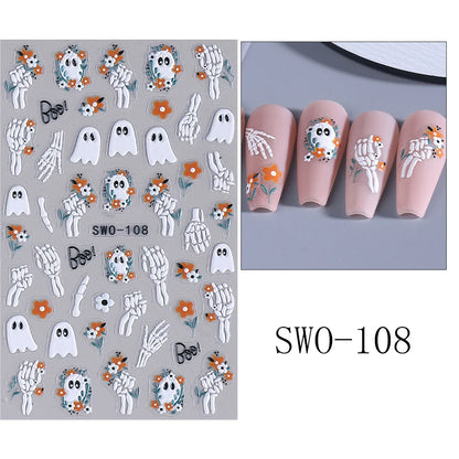 1/3pcs 3D Halloween Nail Stickers Pumpkin Ghost Spider Skull Design Bow  Flower Cute Cat Adhesive Slider Decals Manicure Decor