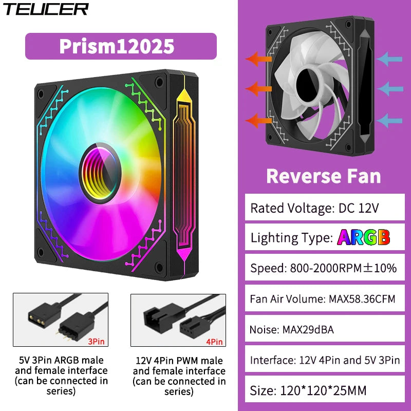 TEUCER 1PCS Prism12025 PC Case Fan 120mm 5V 3Pin ARGB Cyclic Mirror Light Effect PWM 800 to 2000RPM Cooling Fan