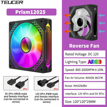 TEUCER 1PCS Prism12025 PC Case Fan 120mm 5V 3Pin ARGB Cyclic Mirror Light Effect PWM 800 to 2000RPM Cooling Fan