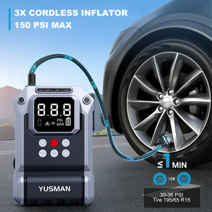 Car Battery Jump Starter with Air Compressor, 12V 1000A/1500A PEAK 26800mah Portable Car Jump Starter with 150 PSI Inflator (for ALL Petrol or 10L Diesel), Emergency LED Flashlight