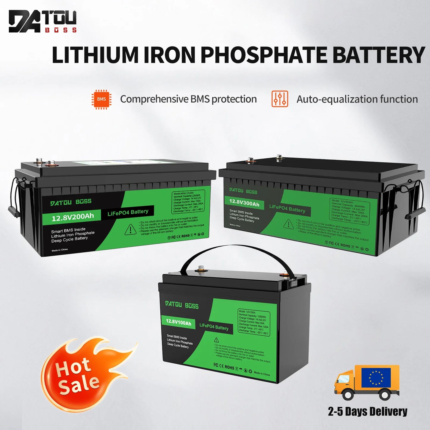 DATOUBOSS 12V100Ah Deep Cycle Lithium Iron Phosphate Battery Built-in Intelligent BMS For RV Golf Cart Boat Solar System NO TAX