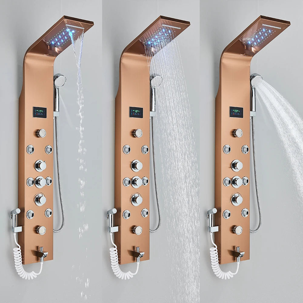 Black LED Light Shower Faucet Bathroom SPA Massage Jet Shower Column System Waterfall Rain Shower Panel Bidet Sprayer Tap