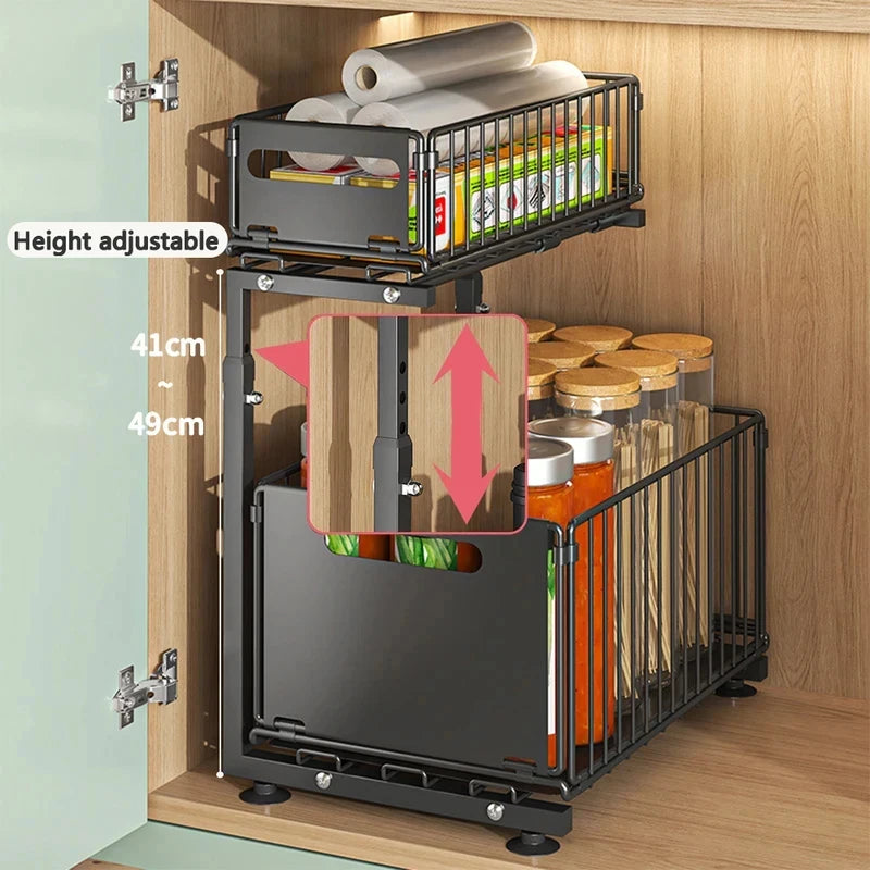 2 Tier Pull Out Cabinet Organizer Adjustable Under Sink Storage Rack Slide Out Drawer Kitchen Spice Jar Storage Shelf