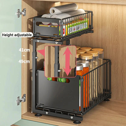 2 Tier Pull Out Cabinet Organizer Adjustable Under Sink Storage Rack Slide Out Drawer Kitchen Spice Jar Storage Shelf