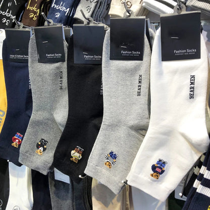 Good Quality Cartoon Gentleman Bear Men's Socks Cotton Harajuku Style Sport Boys Skateboard Novelty Breathable  Christmas Gifts