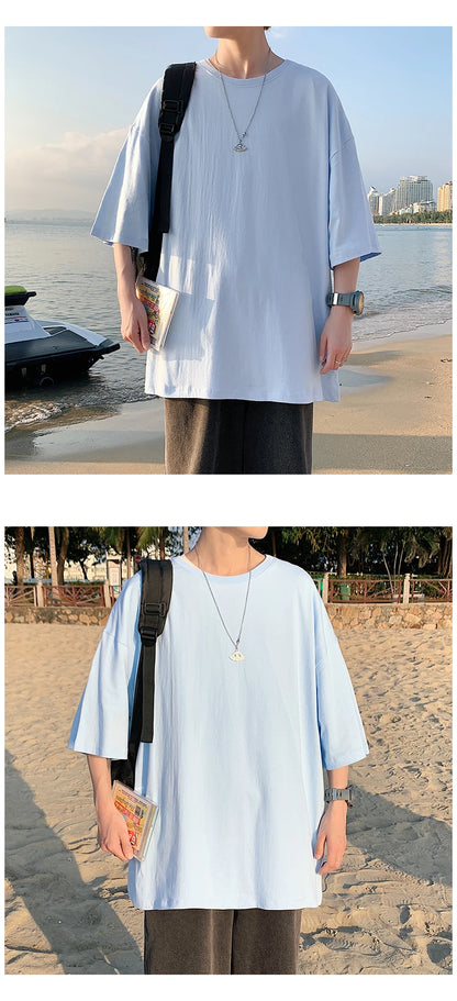 Oversized Summer Short Sleeve Men's T Shirt New Fashion Solid Loose O-Neck T Shirts Mens Cotton Hip Hop Streetwear Top Tees 5XL