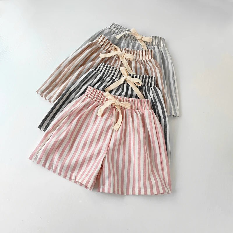 Children's Clothing Linen Cotton Shorts Summer Girls Boys Stripe Pants Kids Baby Casual Vintage Loose Short Pant Girl Clothes