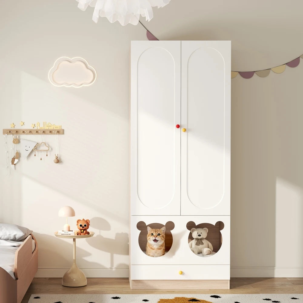 80x50x200cm Kids Wardrobe with Hanging Rod Integrated Cat Bed Design Lacquered Board and Particle Board with Colorful Ceramic Handles White and Natural Wood Color Multifunctional Storage Cabinet Suitable for Bedroom Home Furn