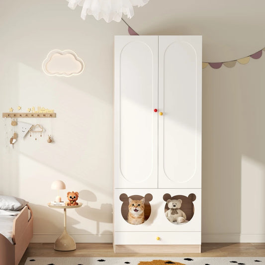 80x50x200cm Kids Wardrobe with Hanging Rod Integrated Cat Bed Design Lacquered Board and Particle Board with Colorful Ceramic Handles White and Natural Wood Color Multifunctional Storage Cabinet Suitable for Bedroom Home Furn