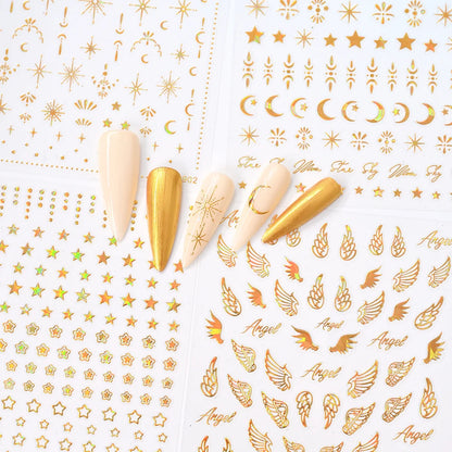 3D Gold Sun/Moon/Star Bronzing Nail Art Sticker 8*10cm Laser Star Moon Design Nail Decal Gold Silver Self-Adhesive Slider &*&