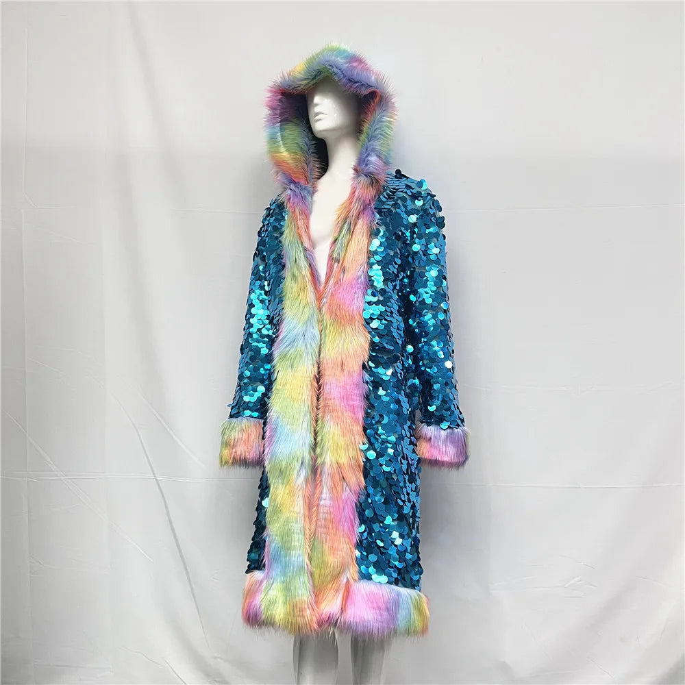 Patchwork Women Hooded Faux Fur Coat Fox Fur Long Sleeve Thick Warm Fur Outerwear Spliced Party Stage Loose Fit Sequined