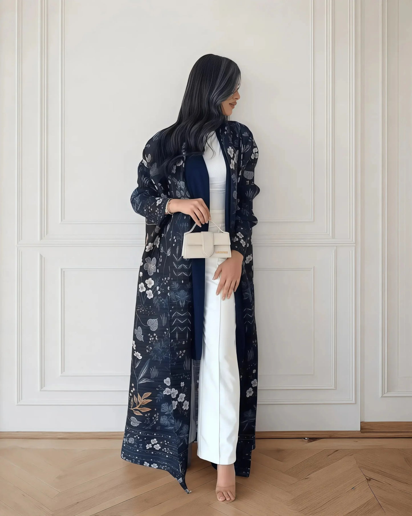 Autumn Women's Long Coat, Retro Printed Long Sleeved Muslim Abaya Saudi Fashion Wrinkled Waist Belt