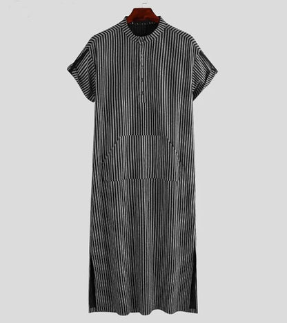 Fashion Men's Islamic Arabic Kaftan Striped Short Sleeve V Neck Casual Pockets Muslim Robes Saudi Arabia Dubai Jubba Thobe robes