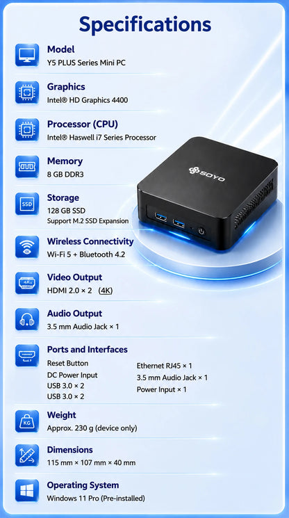 SOYO Mini PC Y5 PLUS Intel I7 4th Gen 4600U 8GB RAM 128GB ROM Windows 11 Pro WiFi BT4.2 Desktop Computer