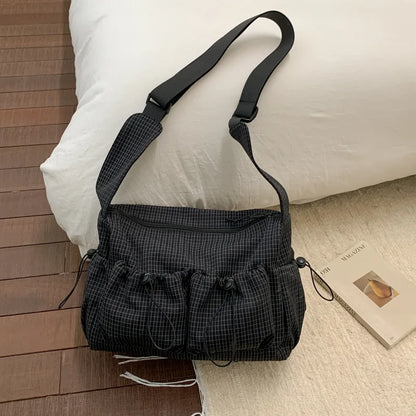 Korean Nylon Shoulder Bag Fashion Simple Plaid Zipper Tote Bag Drawstring Pleated Cloud Bag New Commuter Crossbody Shoulder Bag