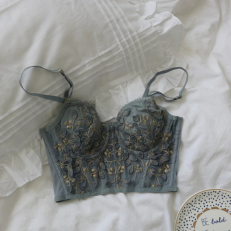 Three-Dimensional Embroidered Bra Sexy Lace Fish Bone Corset Widened Breasted With Steel Ring 2/1 Half Cup Bralette Underwear