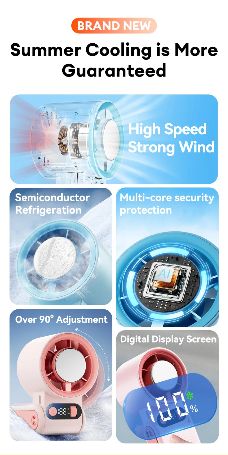Portable Handheld Fan LED Digital Display With Refrigeration Board 90° Foldable  199Gear Strong Wind Speed 8000mAh F16
