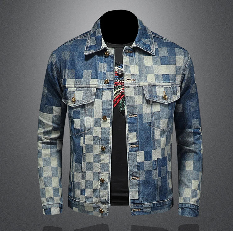 2025 Autumn Vintage Checkered Denim Jacket for Men Flip Collar Single Breasted Casual Business Jacket Social Street Wear Jeans