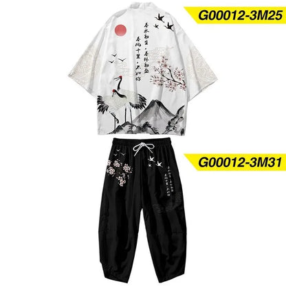 Large Size 5XL 6XL Japanese Kimono Cardigan Pants Set Print Fox Men Women Shirt Tradition Yukata Haori Obi Cosplay Costume