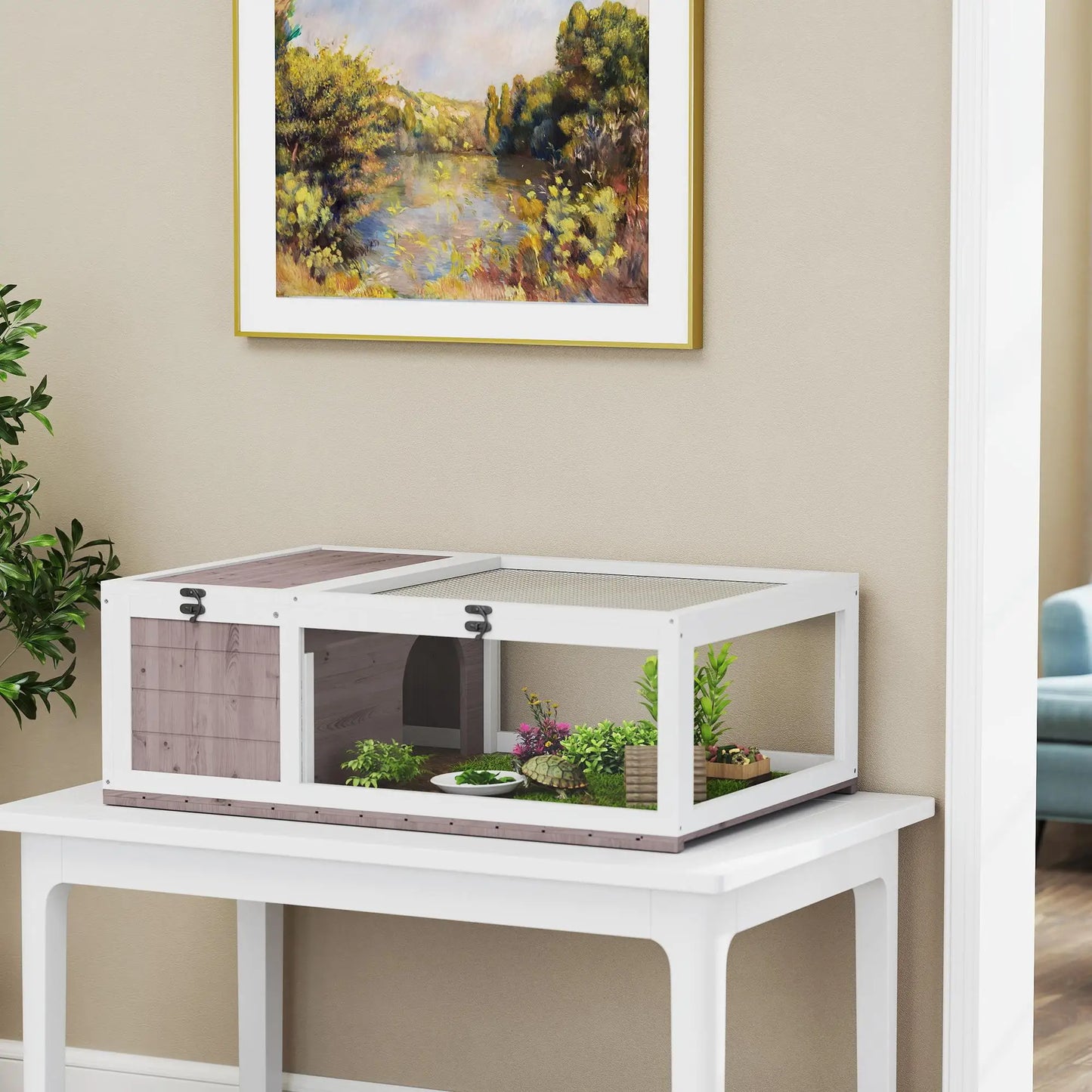 Wood Turtle House 91x60.5x32 cm with net blanket & removable transparent side panels for indoor and outdoor