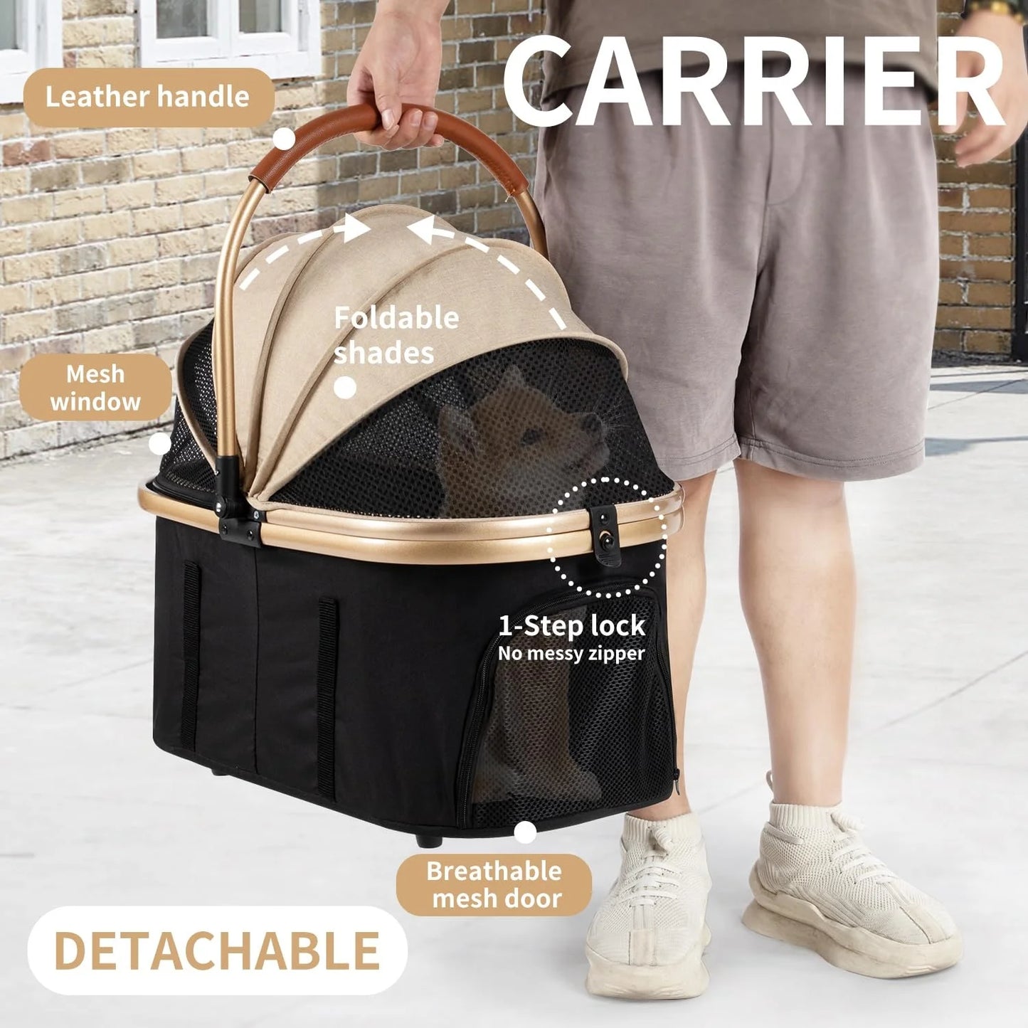 Pet Stroller 3 In 1 Foldable 4 Wheel For Small Medium Pets 50lbs Capacity Detachable Portable Travel Carrier With Storage