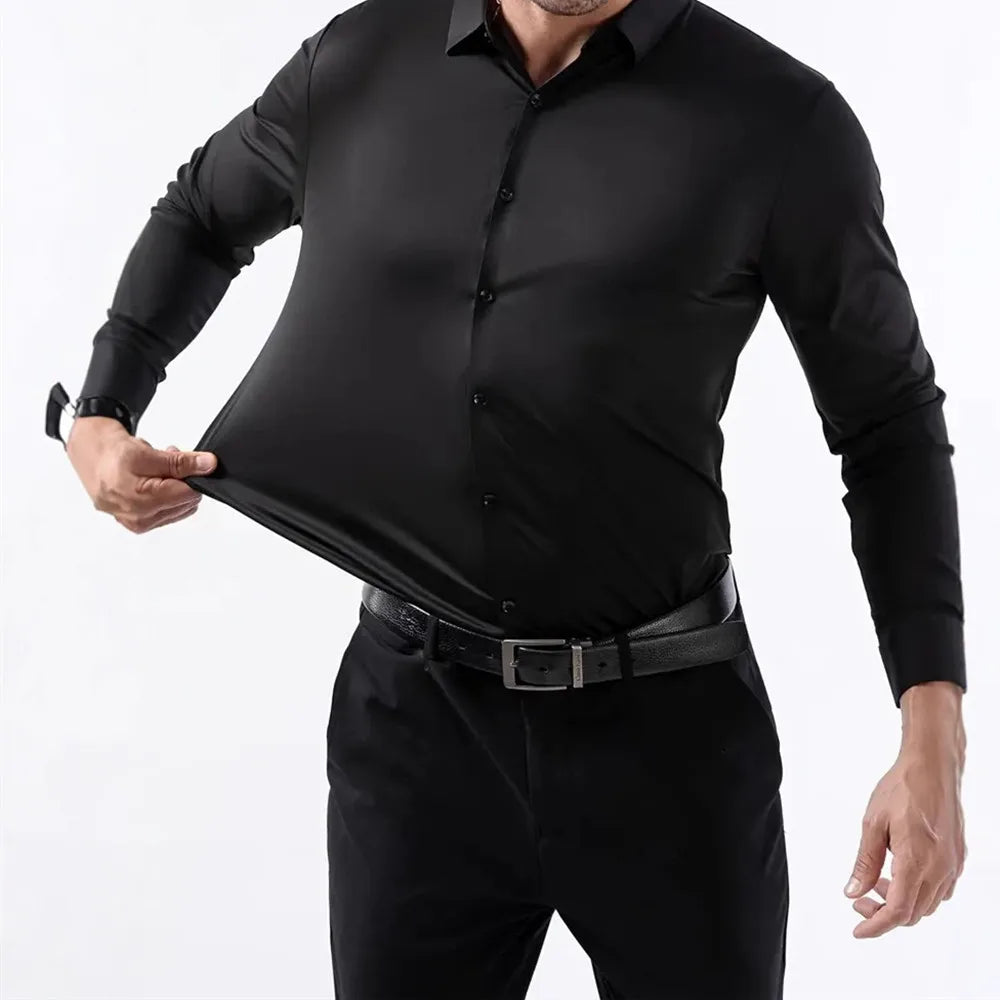 New Design Men's Solid Shirt Long Sleeve Autumn High Elasticity Casual Wrinkle Free No ironing Business Formal White Blue Social