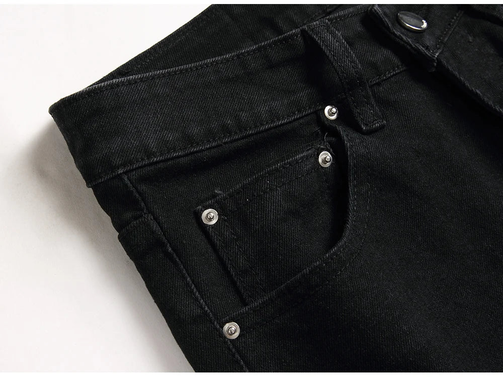 Men Snake Embroidery Jeans Streetwear Black Stretch Denim Pants Holes Ripped Distressed Slim Straight Trousers