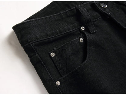Men Snake Embroidery Jeans Streetwear Black Stretch Denim Pants Holes Ripped Distressed Slim Straight Trousers