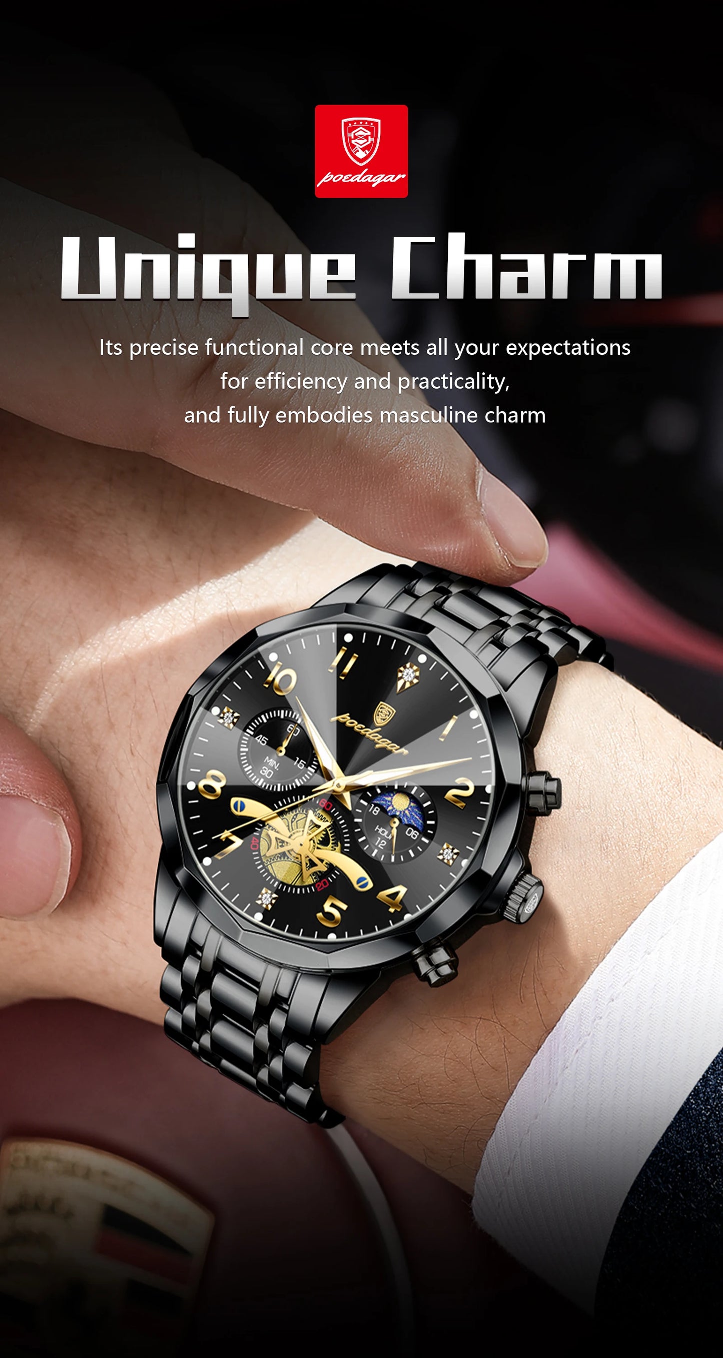 POEDAGAR Luxury High Quality Man Wristwatch Chronograph Stainless Steel Quartz Men's Watches Waterproof Luminous Men Clock Reloj