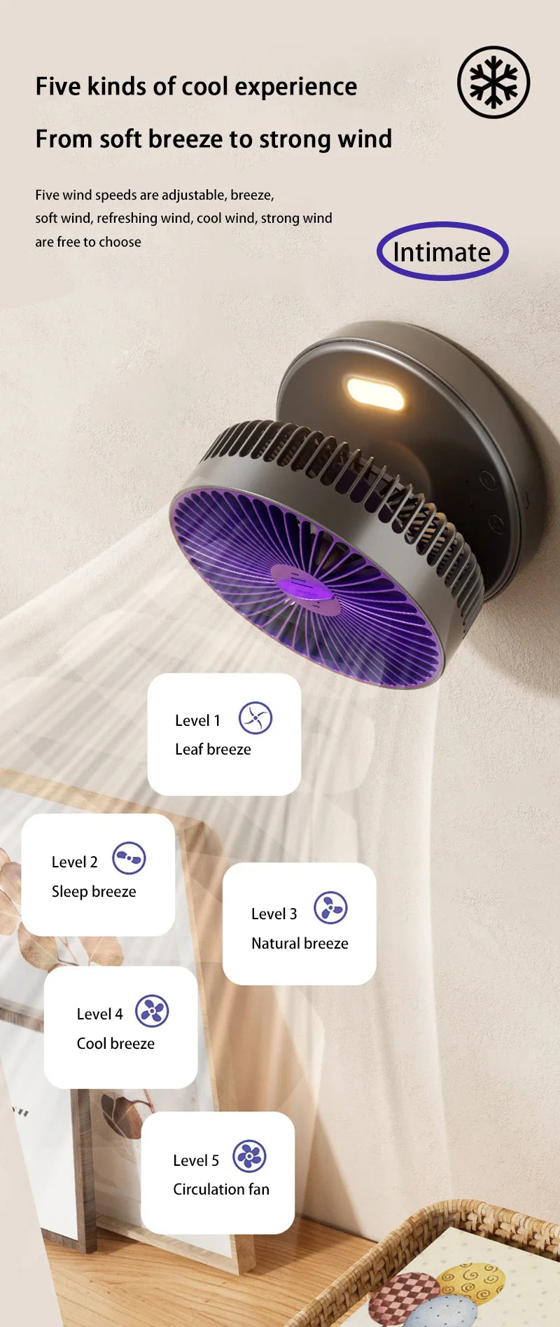 Lenovo 5000mAh 3IN1 Rechargeable Multifunctional Portable Fan Wall Mounted Fan 90° Folding Fan 4 Gears With Warm Night Light