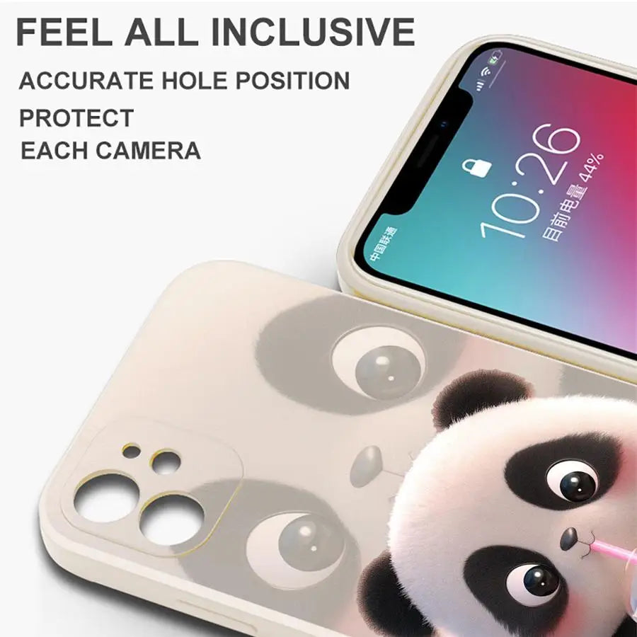 Cute Panda Phone Case for iPhone 11 13 16 Pro 14ProMax 15 Plus XS Max XR SE 8 7 12 Mini Silicone Cover Soft