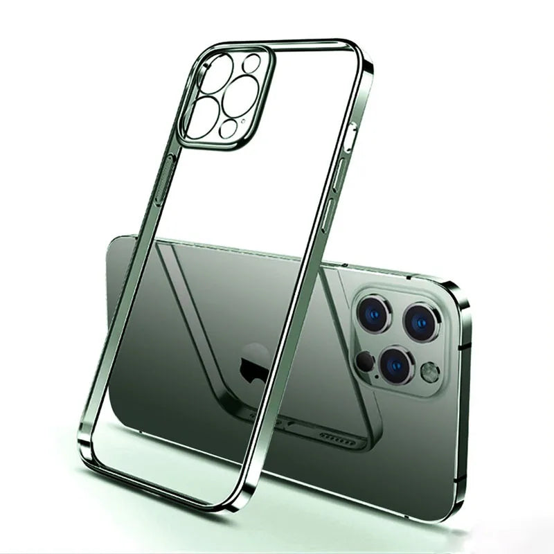 Luxury Plating Square Frame Silicone Transparent Case on For iPhone 11 12 13 14 15 Pro Max X XR XS Max 7 Plus Clear Back Cover