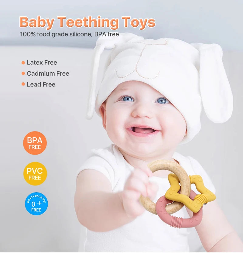 Silicone Star and Heart Teether with Teething Wooden Ring Baby Rattle Toy