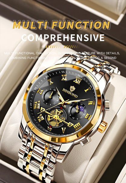 BINBOND Chronograph Men's Watches Accurate Quartz Watch For Men Luxury Luminous Waterproof StopWatch Durable Reloj