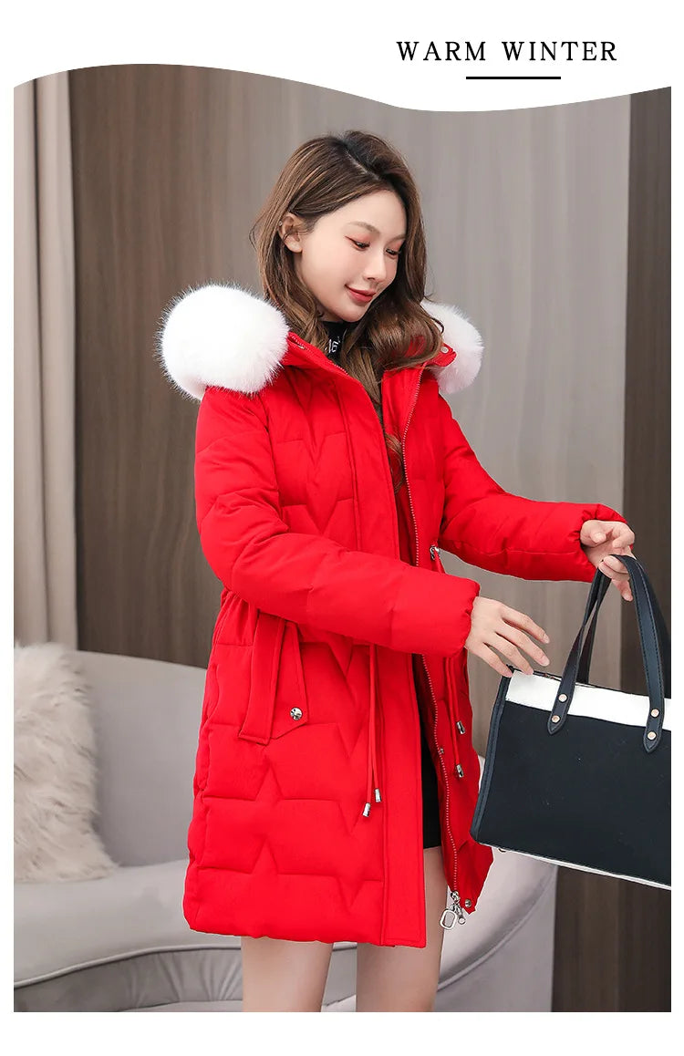 Hooded Women Parkas Coats Mid LenthJackets  Oversize Solid Fur Collar Zipper Drawstring Waist Loose Casual 2025 Autumn Winter
