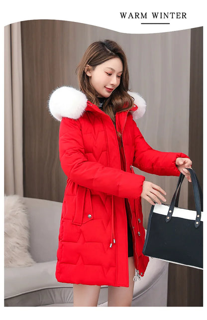 Hooded Women Parkas Coats Mid LenthJackets  Oversize Solid Fur Collar Zipper Drawstring Waist Loose Casual 2025 Autumn Winter
