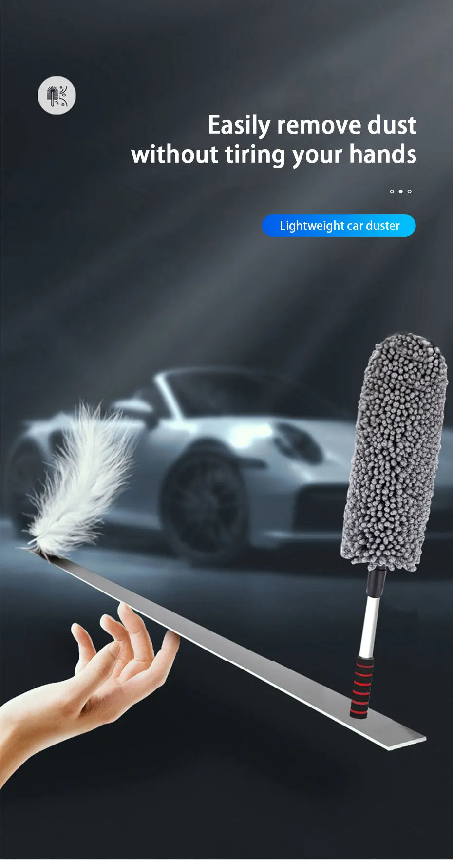 SEAMETAL Retractable Car Duster Stainless Steel Long Handle Dusting Brush Microfiber Dust Remover Car Household Cleaning Tools