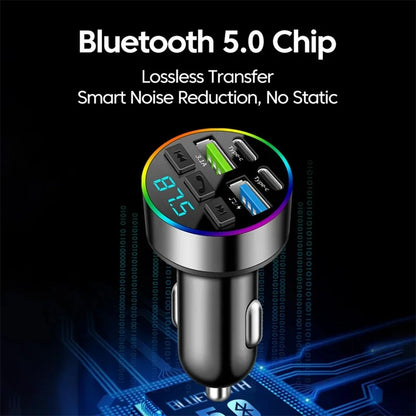 KEBIDUMEI 66W Fast Charge Bluetooth 5.0 FM Transmitter 4 Ports (Dual USB+Type-C) RGB Ambient Light Handsfree Car MP3 Player
