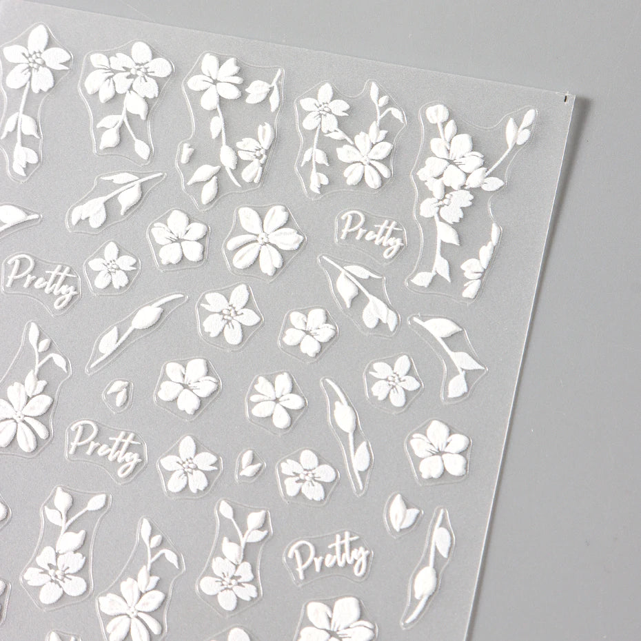 2pcs White Flower 3D Nail Art Stickers Sakura Blooming Florals Leaf Self-Adhesive Nail Decorations Sliders for DIY Manicure