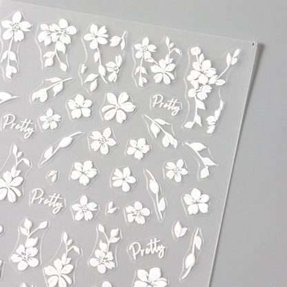 2pcs White Flower 3D Nail Art Stickers Sakura Blooming Florals Leaf Self-Adhesive Nail Decorations Sliders for DIY Manicure