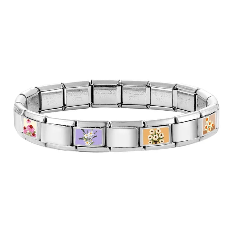 2025 Women's Fashion Colorful Flowers Oil Painting Style Series Italian Charms Fit 9mm Stainless Steel Bracelet DIY Jewelry Gift