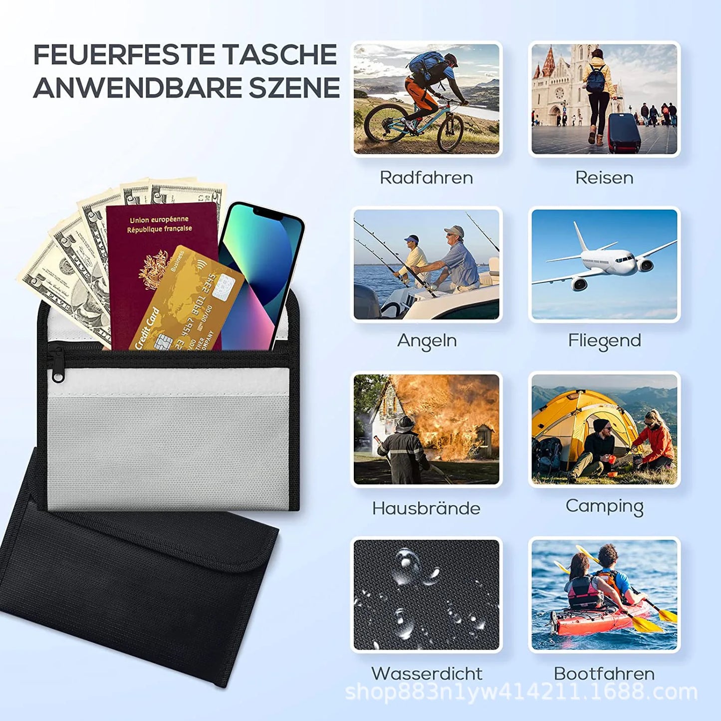 Bisofice Fireproof Document Bag Zipper Closure Cash Safe Storage Waterproof Pouch with Sticky Strip for Certificates Money Cards