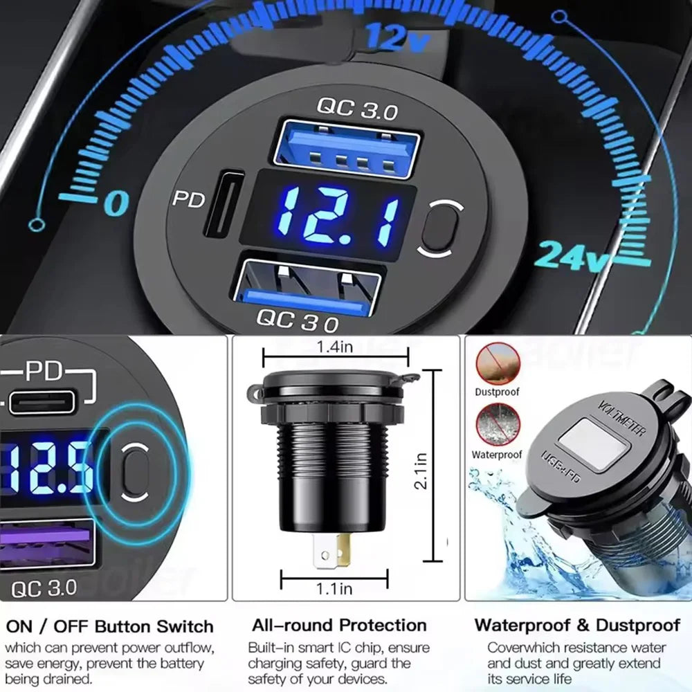 3 Ports Quick Charge Dual PD & QC 3.0 112W Aperture Car Charger Outlet Socket For 12V 24V Motorcycle Boat Marine Truck ATV