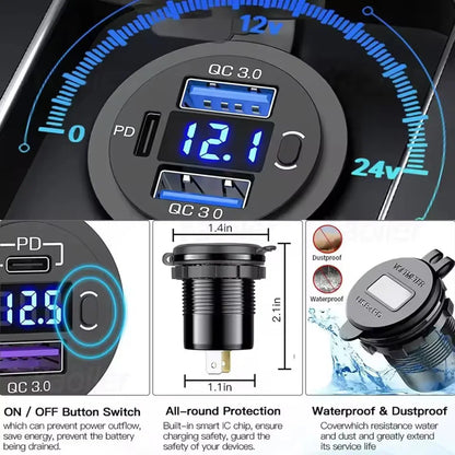 3 Ports Quick Charge Dual PD & QC 3.0 112W Aperture Car Charger Outlet Socket For 12V 24V Motorcycle Boat Marine Truck ATV